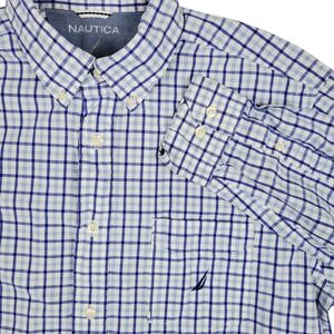 Nautica Mens Large Button Down Shirt Long‎ Sleeve White Blue Plaid Check Cotton